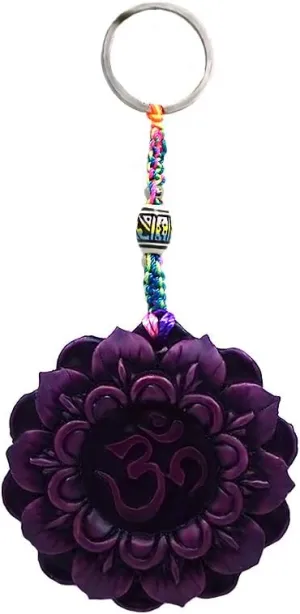 Om Purple Lotus Crown Chakra 3D Figurine Keychain Multicolored Macramé Metal Ring - Handmade Gifts Boho Car Keys Bag Accessories