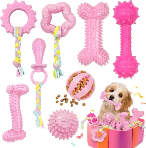 Omivine Puppy Chew Toys for Teething Small Dogs, 8 Pack Pink Puppy Toys for Teething Treat Interactive to Keep Them Busy, Cute Soft Durable Rubber Toy for Small Dogs, Girl Puppy Essentials