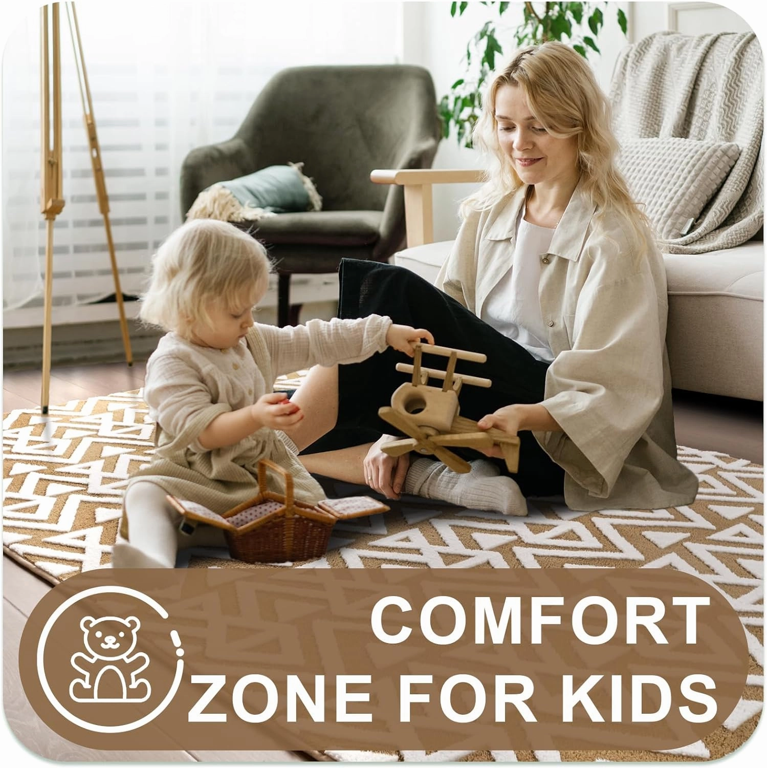 Ompaa Ultra Soft Shaggy Rugs Memory Foam Bedroom Carpet, Beige 3 x 5 Feet, Plush Geometric Textured Area Rugs for Living Room Couch Dorm Bedside Kids Girls Teens Room Nursery Decor Floor Mat