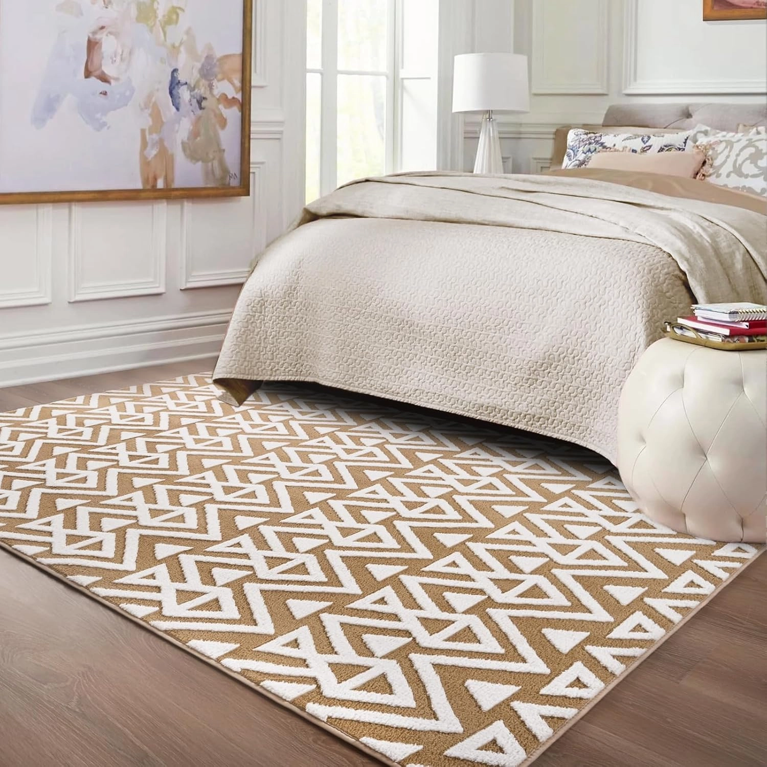 Ompaa Ultra Soft Shaggy Rugs Memory Foam Bedroom Carpet, Beige 3 x 5 Feet, Plush Geometric Textured Area Rugs for Living Room Couch Dorm Bedside Kids Girls Teens Room Nursery Decor Floor Mat