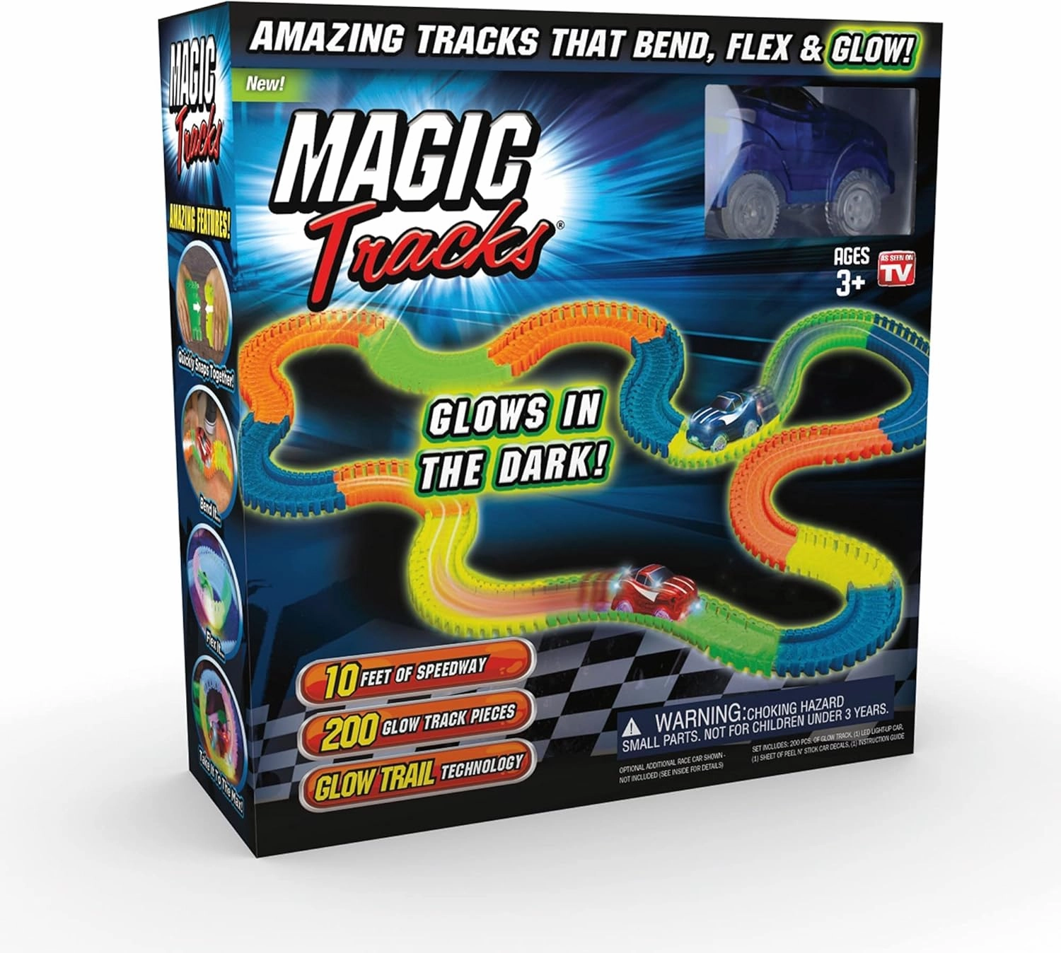 Ontel Magic Tracks 10 Foot Glow In The Dark Bendable Flexible Racetrack with LED Light-Up Race Car, Educational Playset Birthday Gift for Ages 3 