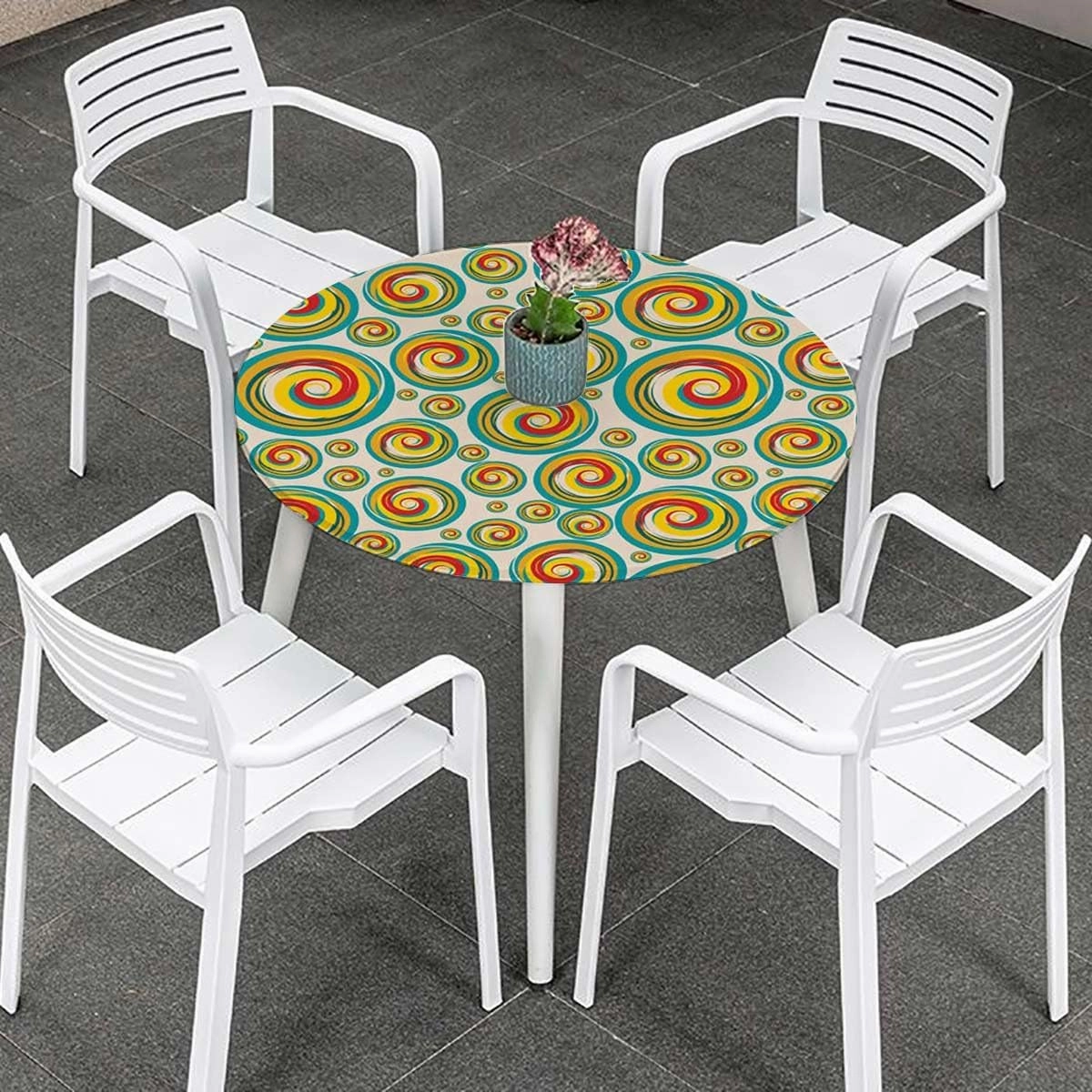 OOzie Multicolor Fitable Fitted Round Table Cover with Elastic Circles and Dots Bubble Rings Pattern for Outdoor Patio Indoor Kitchen Dining Party Abstract Fits up 40""-44"" Diameter Tables