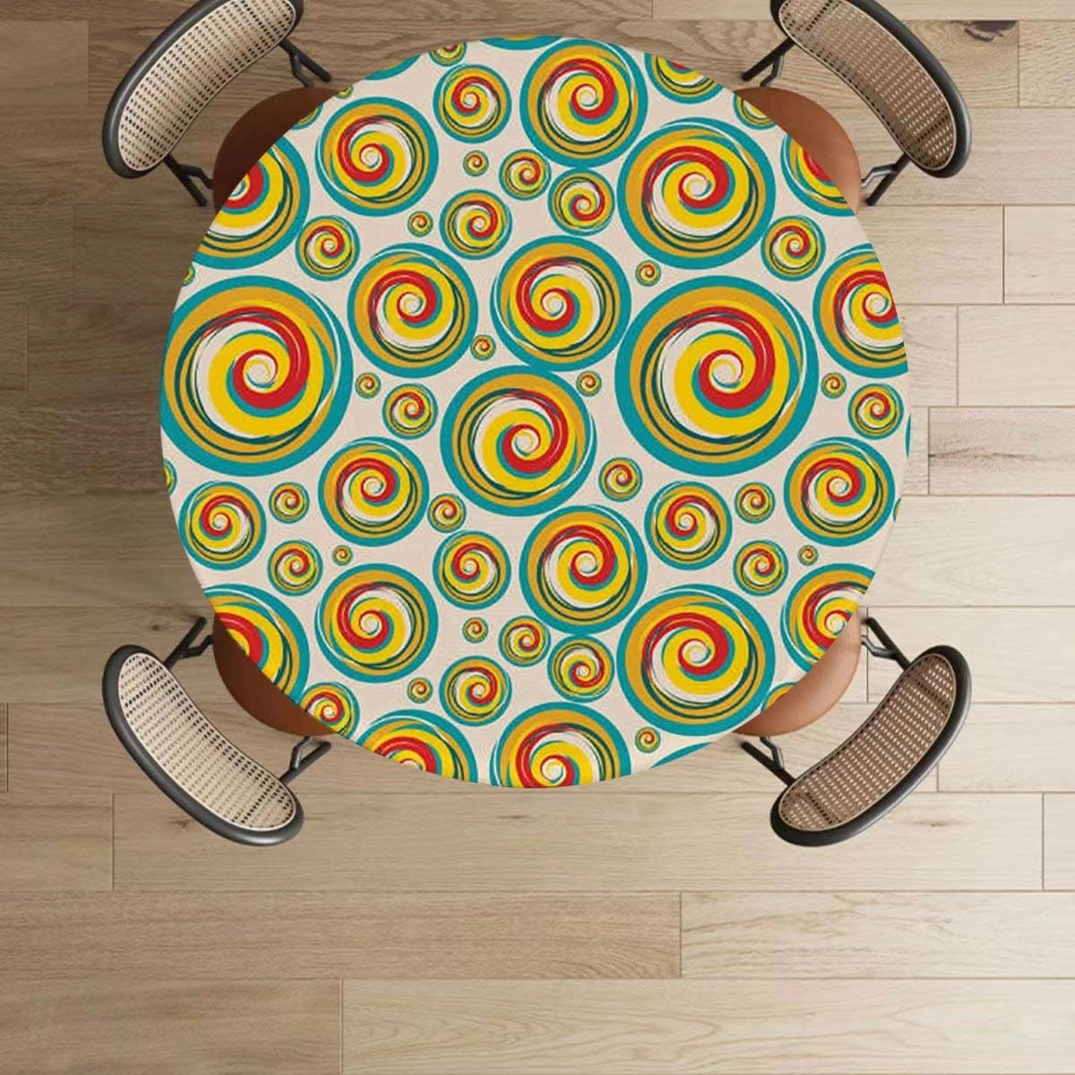 OOzie Multicolor Fitable Fitted Round Table Cover with Elastic Circles and Dots Bubble Rings Pattern for Outdoor Patio Indoor Kitchen Dining Party Abstract Fits up 40""-44"" Diameter Tables