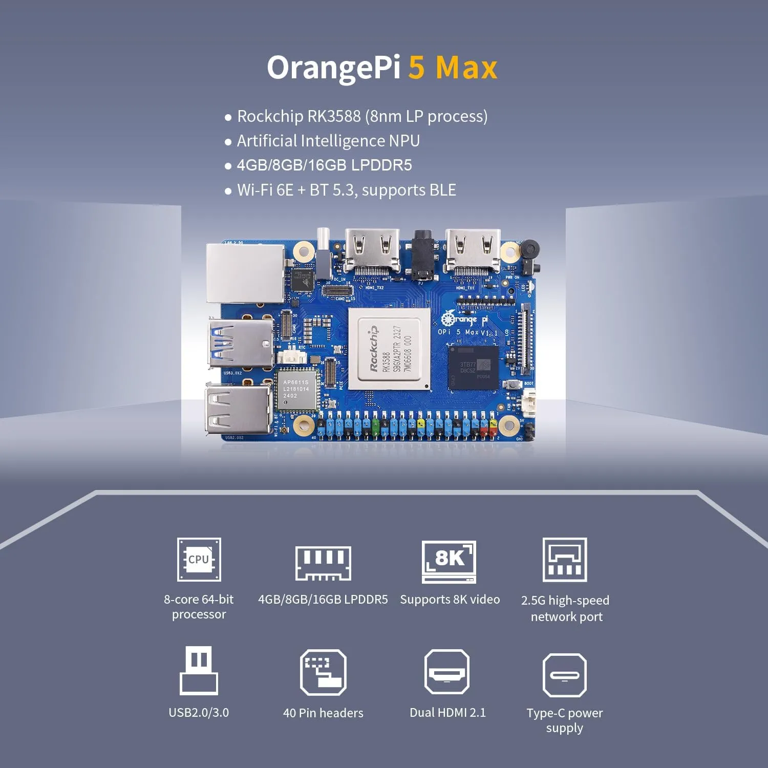 Orange Pi 5 Max 4GB/8GB/16GB LPDDR5 Rockchip RK3588 8-Core 64-Bit Single Board Computer with eMMC Socket, Wi-Fi 6E/Bluetooth 5.3/BLE, Run Linux/Ubuntu/Debian/Android (16GB)