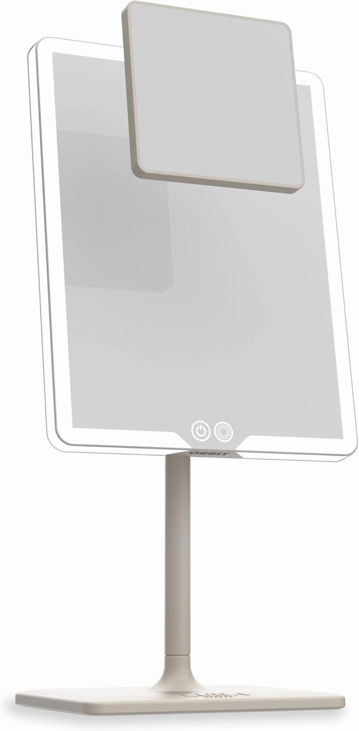 Orbit Mirror | Vanity Mirror with Lights, Makeup Mirror, LED Lighted Desk Mirror with Light for Tabletop 7X 1X Magnification Dimmable and Rechargeable | Soft Stone