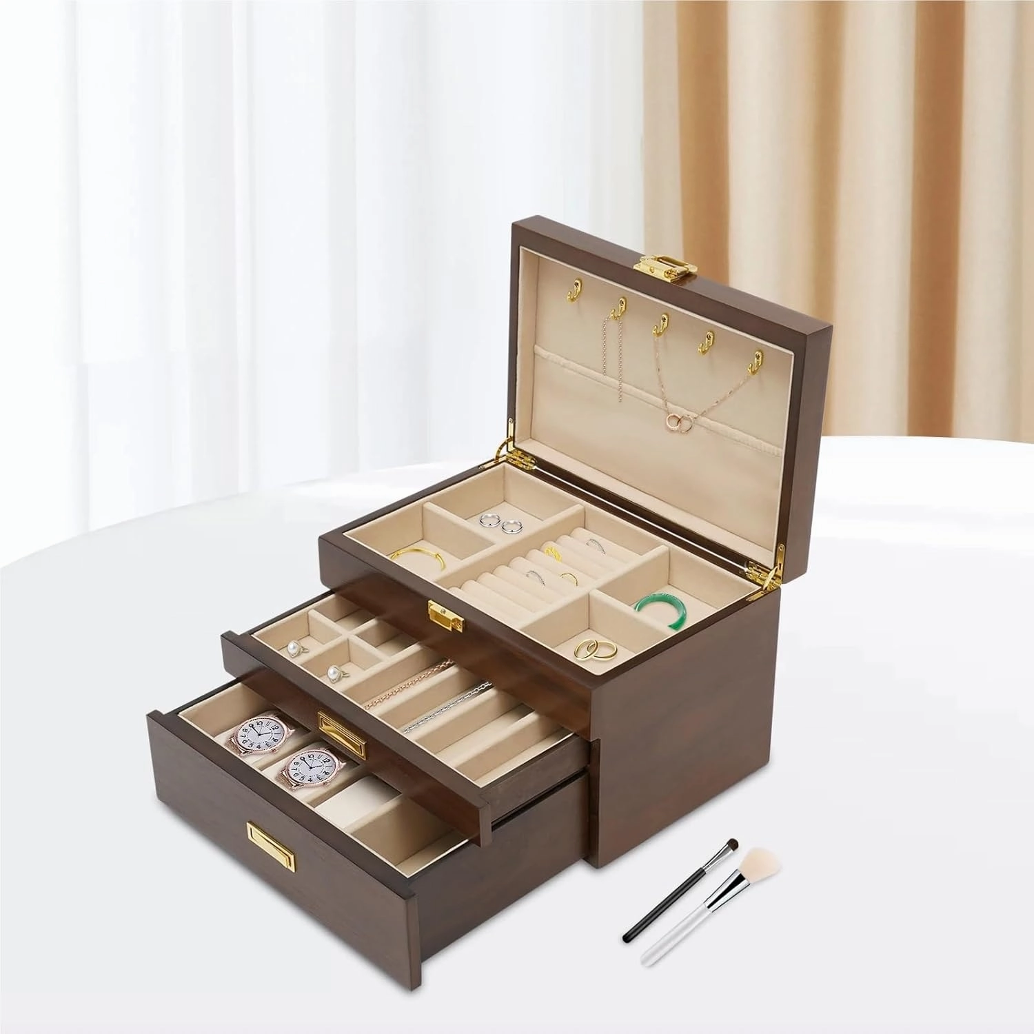 Organizer Jewelry and Watch Display Case Storage Box Convenient(Black Walnut)