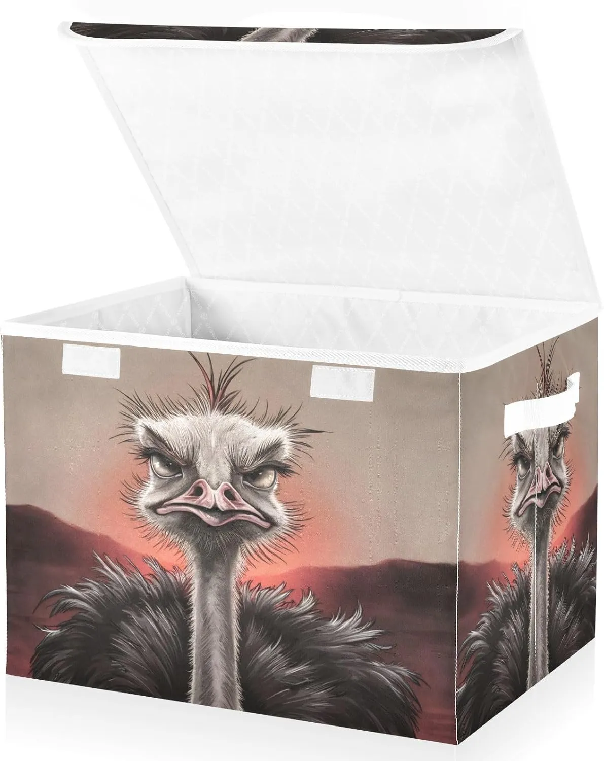 Ostrich Portrait Funny Collapsible Storage Bins with Lids & Handles Foldable Storage Boxes Basket with Flip-Top Lid for Home Office 16.5” x 12.6” x 11.8”