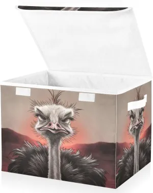 Ostrich Portrait Funny Collapsible Storage Bins with Lids & Handles Foldable Storage Boxes Basket with Flip-Top Lid for Home Office 16.5” x 12.6” x 11.8”