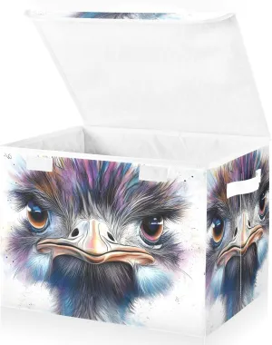 Ostrich Portrait White Collapsible Storage Bins with Lids & Handles Foldable Storage Boxes Basket with Flip-Top Lid for Home Office 16.5” x 12.6” x 11.8”