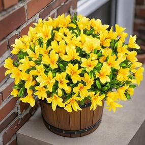 Ouddy Decor 8 Bundles Artificial Flowers for Outdoors, Fake Silk Flowers Azalea Plants UV Resistant for Summer Front Door Planter Garden Patio Window Box Balcony Walkway Home Decor, Yellow