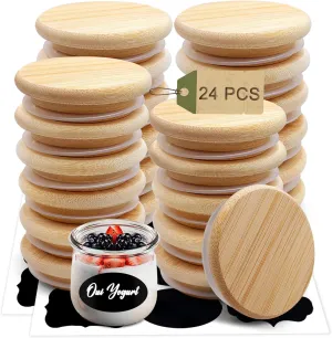 Oui Yogurt Jar Lids, Cymuber Leak Proof Wooden Lids Set with Silicone Sealing Rings, Reusable Natural Bamboo Canning Lids Covers with Bottle Label for 5 Oz Oui Yogurt Jars Storage (24 Pack)