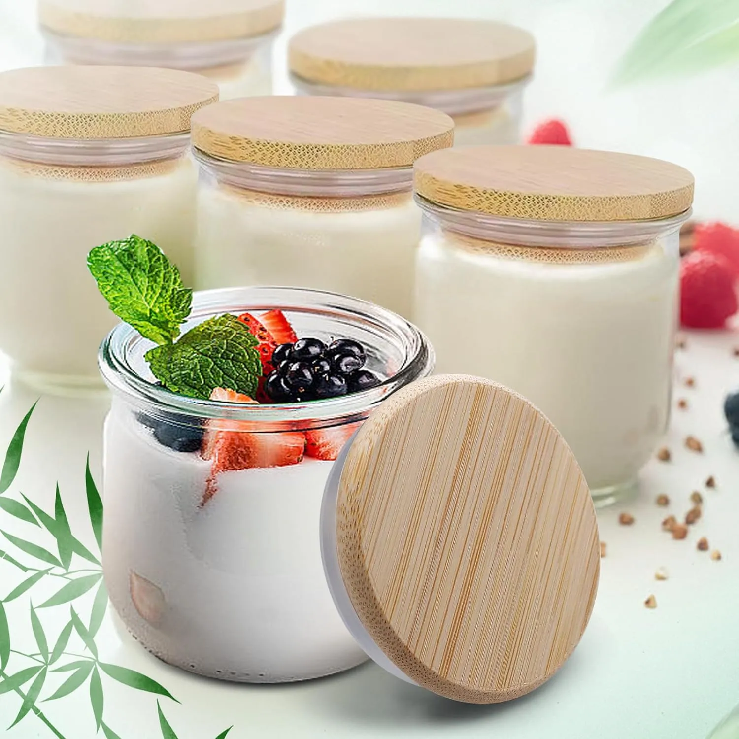 Oui Yogurt Jar Lids, Cymuber Leak Proof Wooden Lids Set with Silicone Sealing Rings, Reusable Natural Bamboo Canning Lids Covers with Bottle Label for 5 Oz Oui Yogurt Jars Storage (24 Pack)