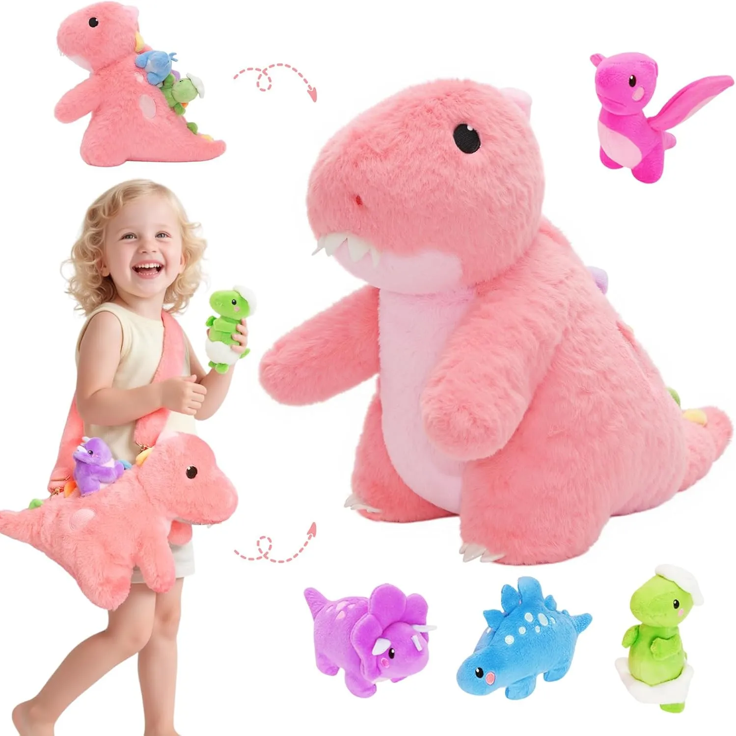 OUOZZZ Dinosaurs Stuffed Animals with 4 Babies Inside Plush Toys - Gift Present Toys for Girls Boys Kids Toddler