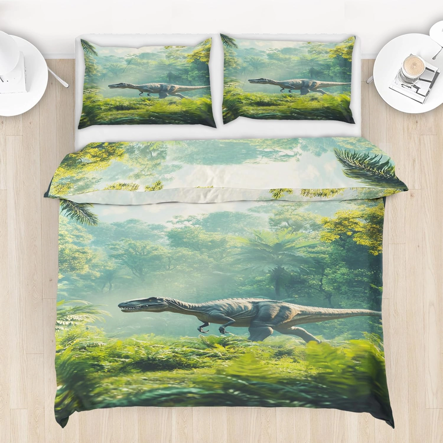 Oversized King Dinosaur Bedding Set with 2 Pillow Shams, Jungle Running Dino Duvet Cover for Kids Teens, Microfiber Fabric – Green Sunlight Forest