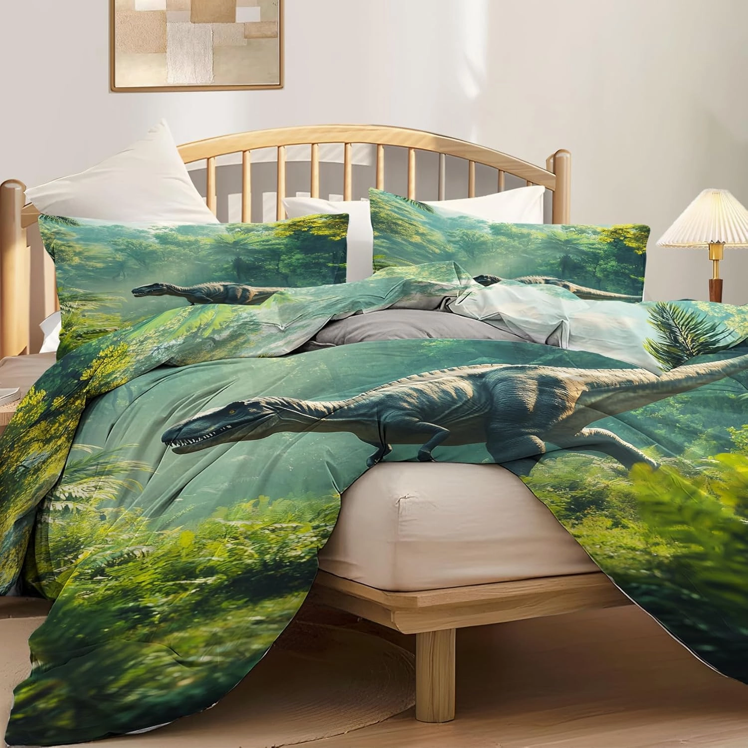 Oversized King Dinosaur Bedding Set with 2 Pillow Shams, Jungle Running Dino Duvet Cover for Kids Teens, Microfiber Fabric – Green Sunlight Forest