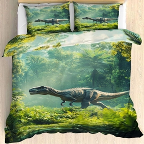 Oversized King Dinosaur Bedding Set with 2 Pillow Shams, Jungle Running Dino Duvet Cover for Kids Teens, Microfiber Fabric – Green Sunlight Forest