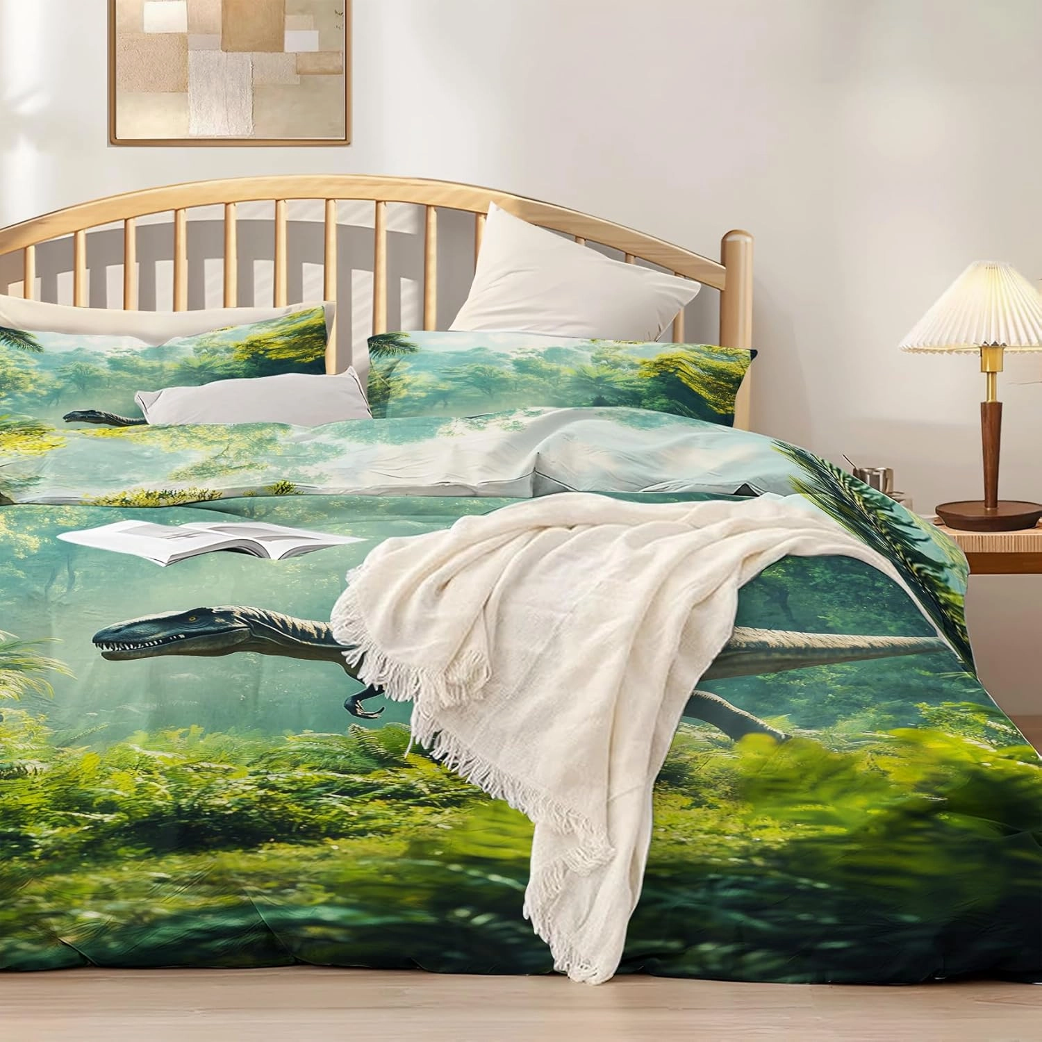 Oversized King Dinosaur Bedding Set with 2 Pillow Shams, Jungle Running Dino Duvet Cover for Kids Teens, Microfiber Fabric – Green Sunlight Forest
