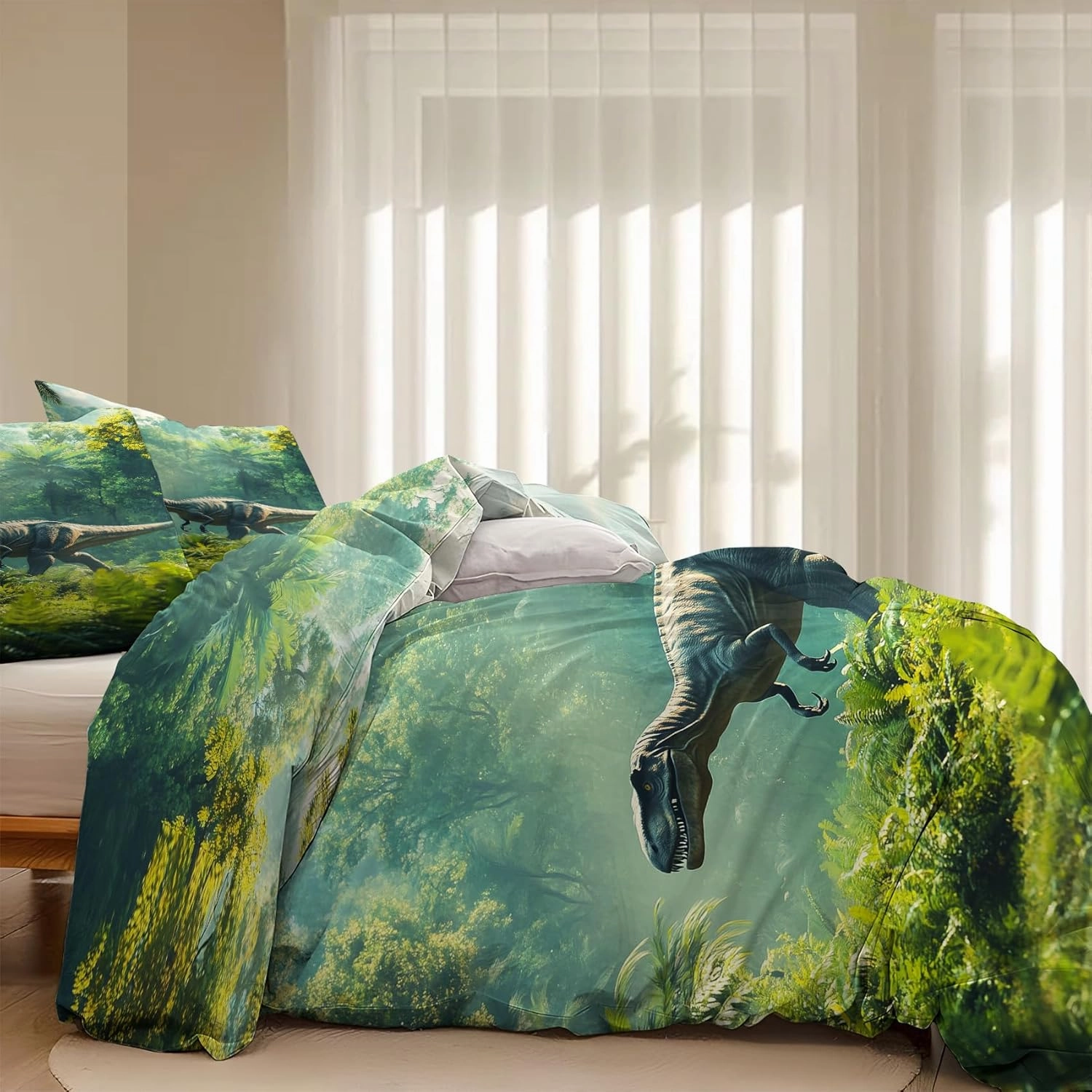 Oversized King Dinosaur Bedding Set with 2 Pillow Shams, Jungle Running Dino Duvet Cover for Kids Teens, Microfiber Fabric – Green Sunlight Forest