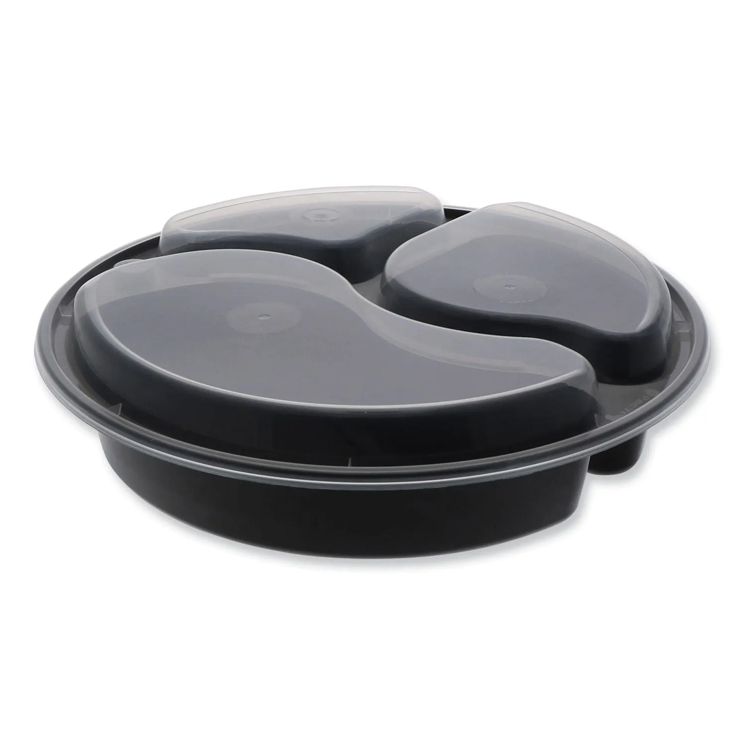 Pactiv Evergreen Newspring VERSAtainer Microwavable Containers, Round, 3 Compartments, 39 oz, 9 x 9 x 2.25, Black/Clear, Plastic, 150/Carton