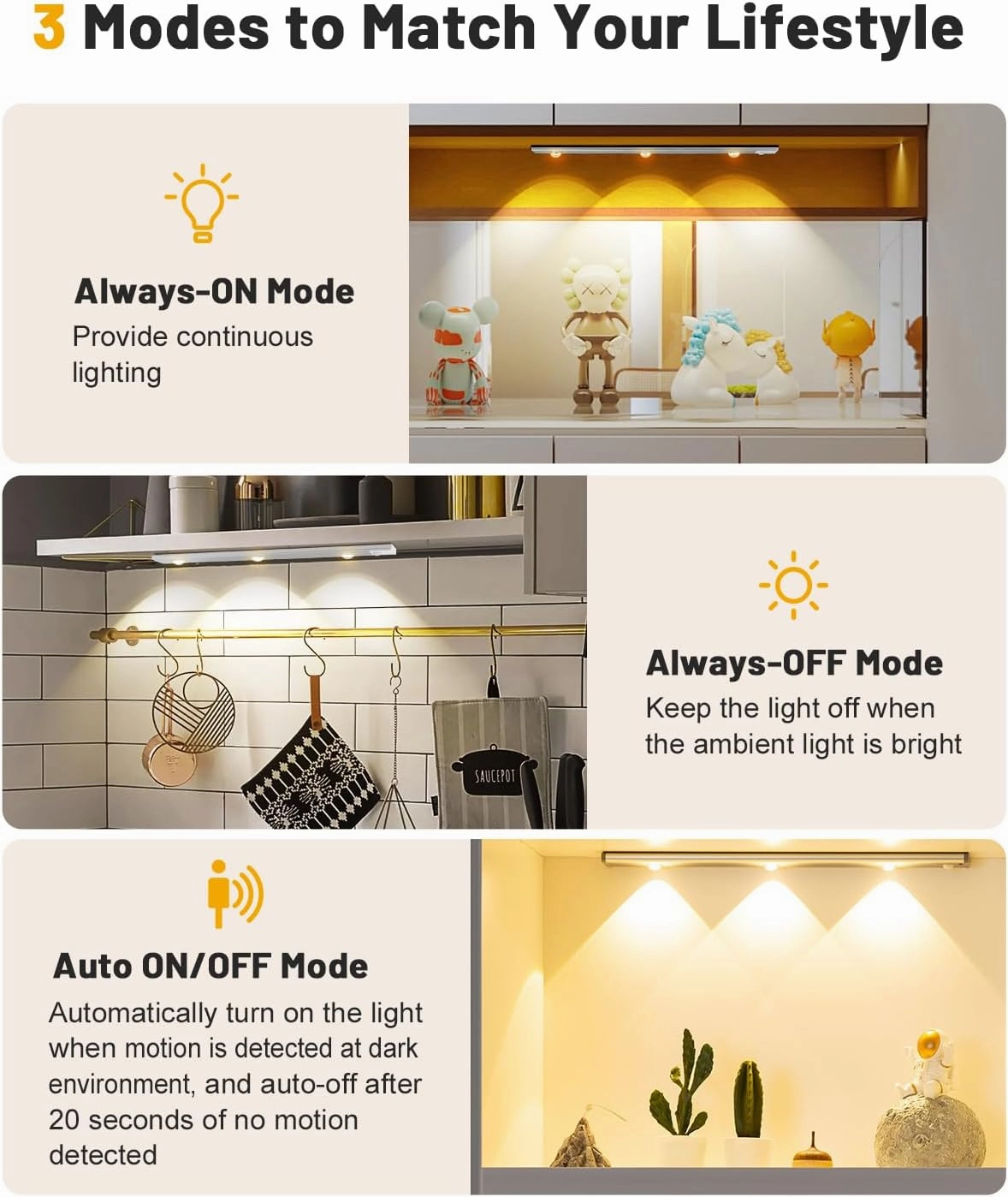 Pak Under Cabinet Lights, Rechargeable Motion Sensor Light Indoor, Wireless Under Counter Lights, 3 Color Dimmable Closet with Cat’s Eye Hill Effect for Showcases & Wine Racks