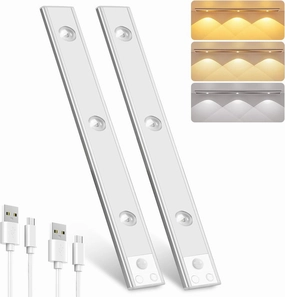 Pak Under Cabinet Lights, Rechargeable Motion Sensor Light Indoor, Wireless Under Counter Lights, 3 Color Dimmable Closet with Cat’s Eye Hill Effect for Showcases & Wine Racks