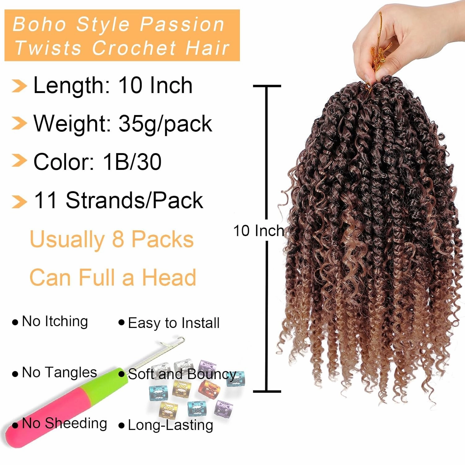 Passion Twist Hair 10inch New Boho Style Passion Twist Crochet Hair for Black Women Boho Crochet Braids Pre Looped Goddess Brown Ombre Passion Twist Hair (8Pack, T30)