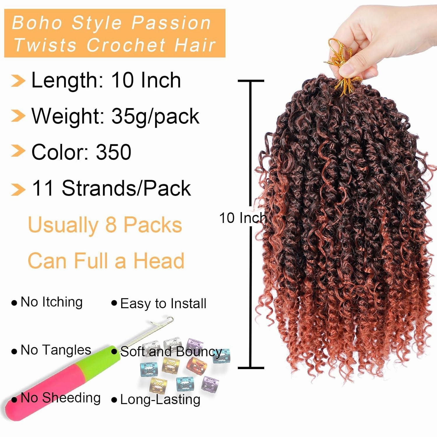 Passion Twist Hair 10inch New Boho Style Passion Twist Crochet Hair for Black Women Boho Crochet Braids Pre Looped Goddess Ombre Ginger Passion Twist Hair (8Pack, 350)