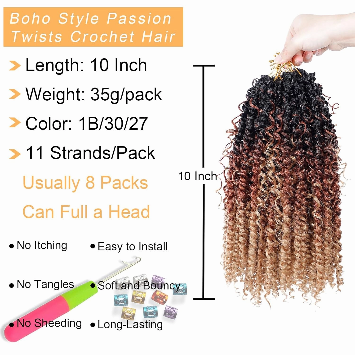 Passion Twist Hair 10inch New Boho Style Passion Twist Crochet Hair for Black Women Boho Crochet Braids Pre Looped Goddess Ombre Passion Twist Hair (8Pack, 1b3027)
