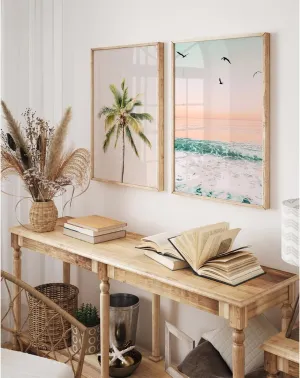 Pastel Beach Wall Art Decor Coastal Ocean Pictures Wall Art Tropical Palm Tree Canvas Prints Pastel Beach Poster Coastal Ocean Artwork Painting for Bathroom Room 12x16 Inch Unframed Set of 2