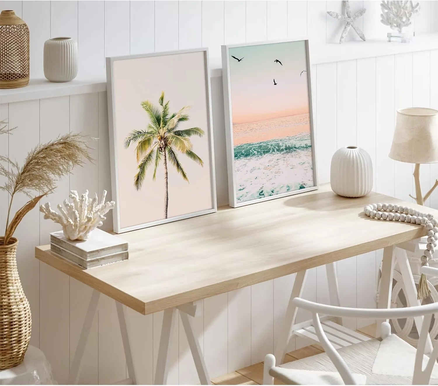 Pastel Beach Wall Art Decor Coastal Ocean Pictures Wall Art Tropical Palm Tree Canvas Prints Pastel Beach Poster Coastal Ocean Artwork Painting for Bathroom Room 12x16 Inch Unframed Set of 2