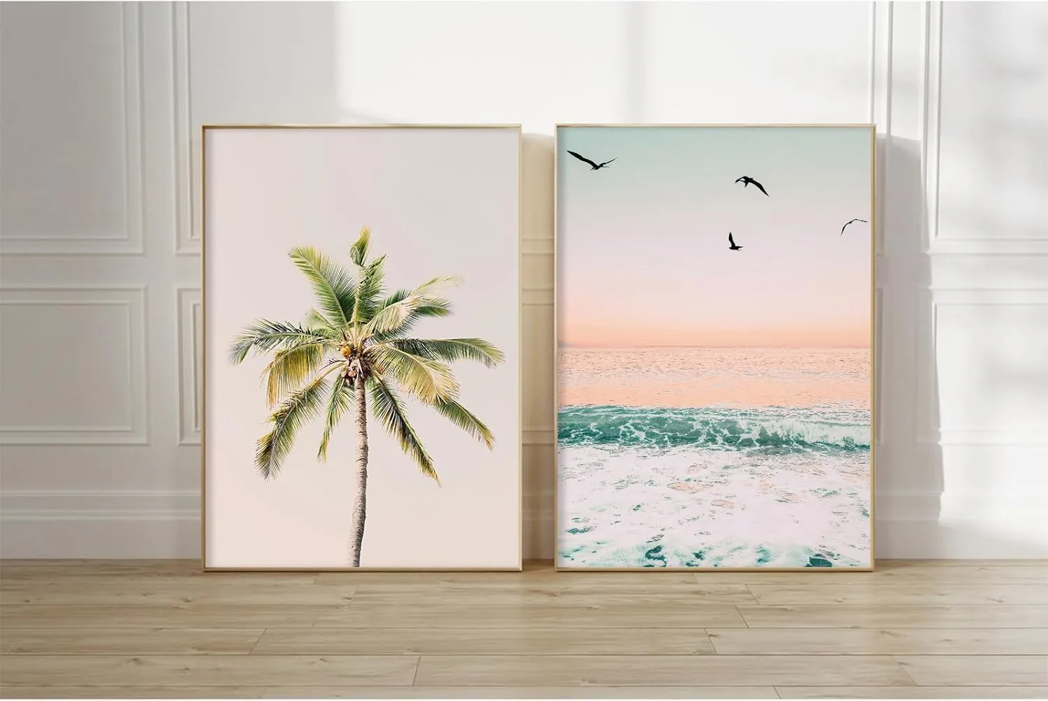 Pastel Beach Wall Art Decor Coastal Ocean Pictures Wall Art Tropical Palm Tree Canvas Prints Pastel Beach Poster Coastal Ocean Artwork Painting for Bathroom Room 12x16 Inch Unframed Set of 2