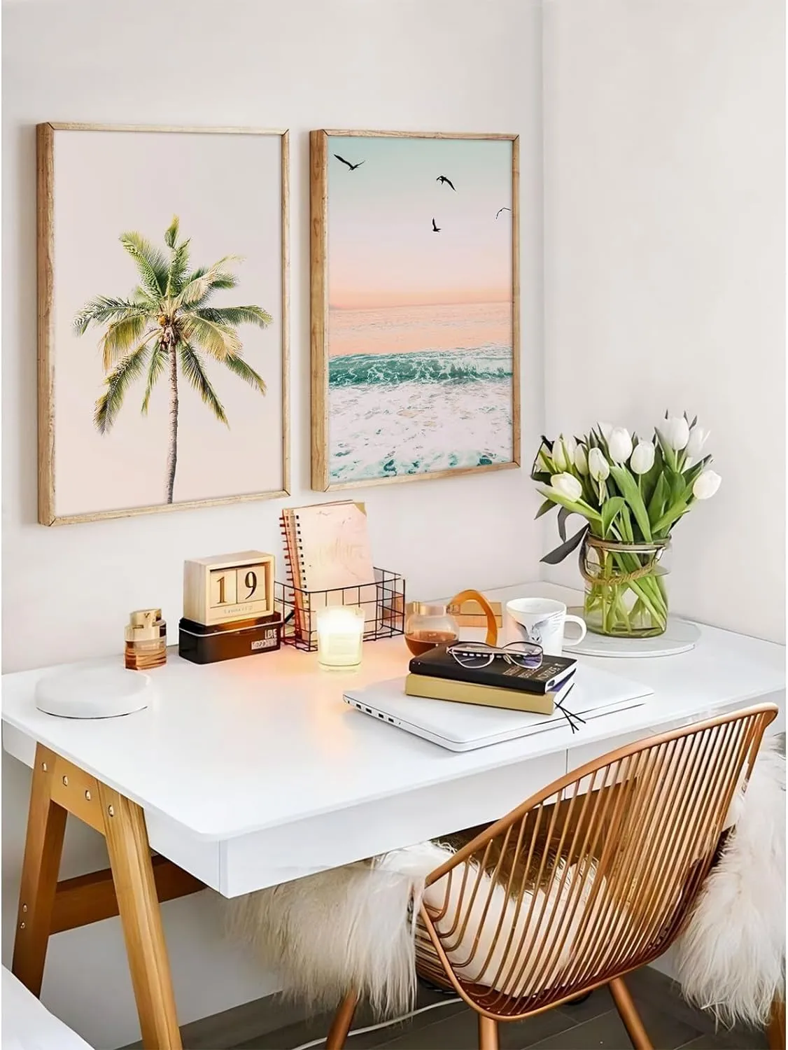 Pastel Beach Wall Art Decor Coastal Ocean Pictures Wall Art Tropical Palm Tree Canvas Prints Pastel Beach Poster Coastal Ocean Artwork Painting for Bathroom Room 12x16 Inch Unframed Set of 2