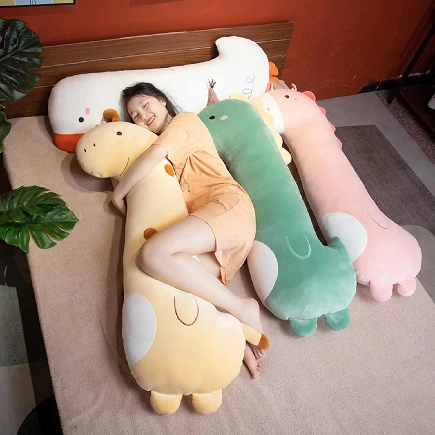 PEACH CAT Green Long Dinosaur Plush Pillow Cute Soft Dinosaur Stuffed Animal for Girls and Boys 35.4"