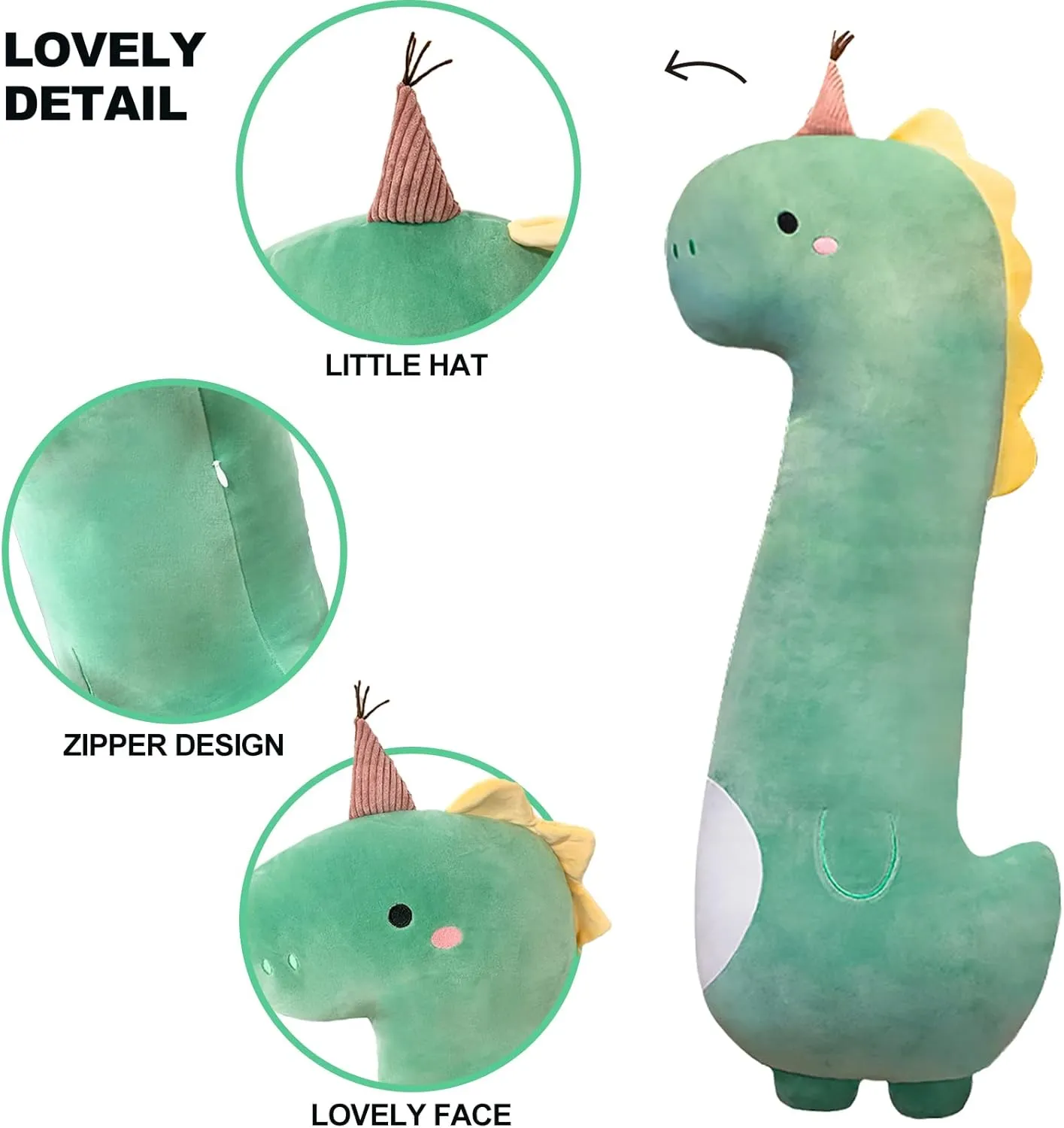 PEACH CAT Green Long Dinosaur Plush Pillow Cute Soft Dinosaur Stuffed Animal for Girls and Boys 35.4"