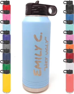 Personalized Water Bottle w/Straw & Lid, 32 oz - Light Blue | Custom Stainless Steel Sport Water Bottle, School Water Bottle w/Name and Text - Double-Wall, Vacuum Insulated Custom Water Bottle