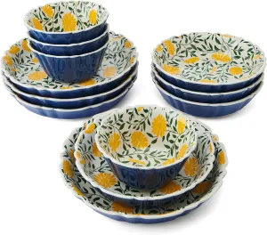 Pfaltzgraff Tranquil Elegance Floral 12 Piece Bowl Dinnerware Set, Service for 4, Blue