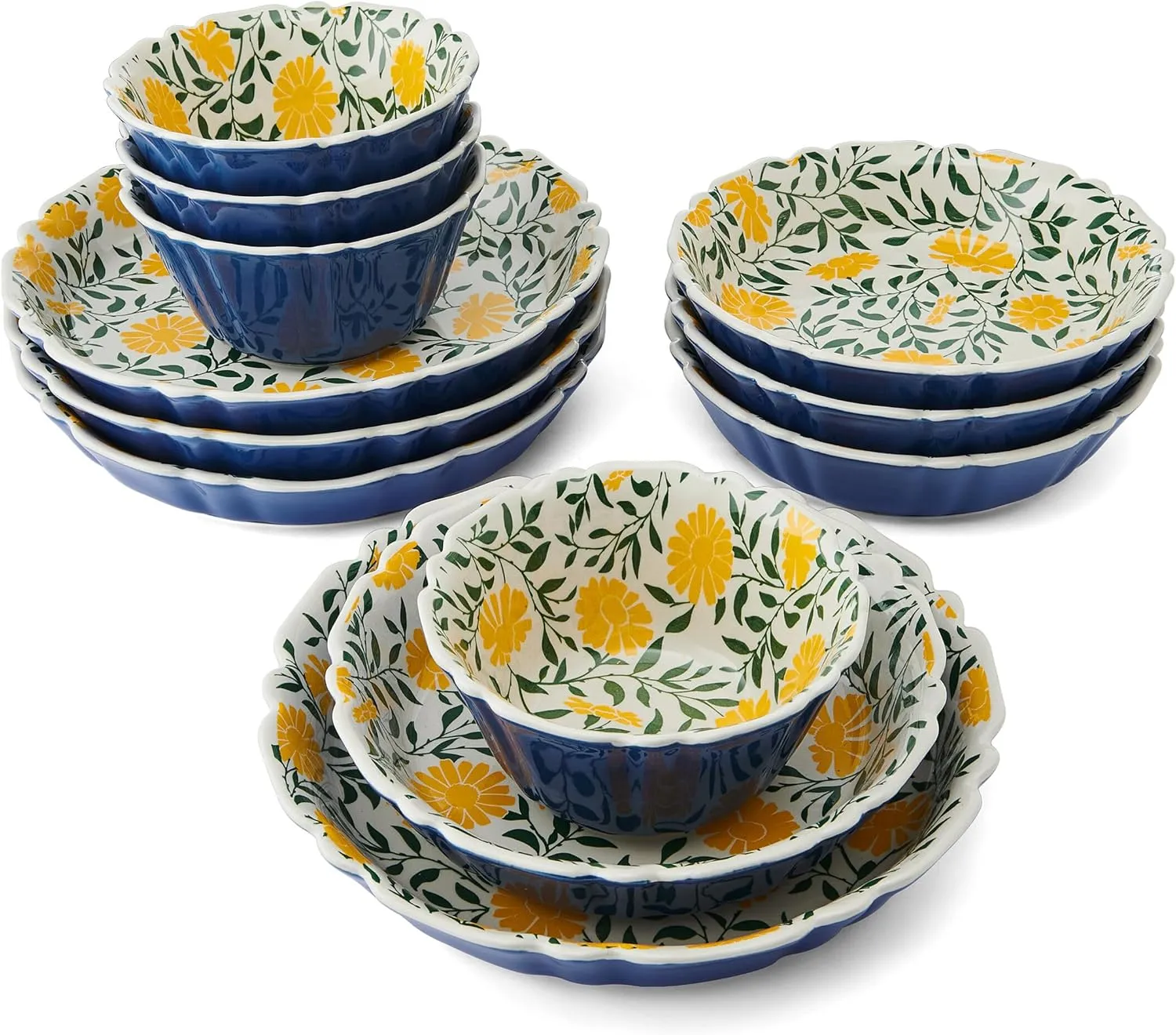 Pfaltzgraff Tranquil Elegance Floral 12 Piece Bowl Dinnerware Set, Service for 4, Blue