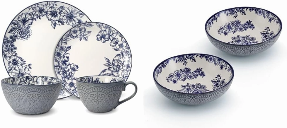 Pfaltzgraff Gabriela Blue 16-Piece Dinnerware Set, Service for 4 and Pfaltzgraff Gabriela Blue Floral Set of 2 Pasta Bowls, 8 Inch, Teal and White
