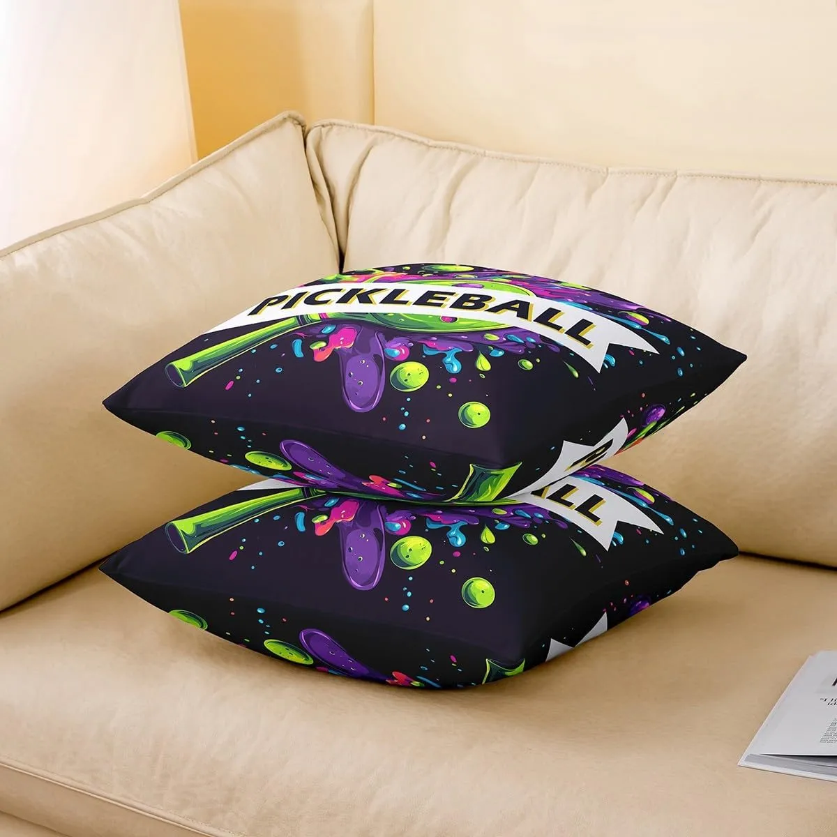 Pickleball 2 Pack Pillow Covers,Sporting Game Racket Hippie Graffiti Soft Square Cushion Case,American Tennis Sports Pickleball Lovers Black Throw Pillow Coverss Double Sides,20"x 20"