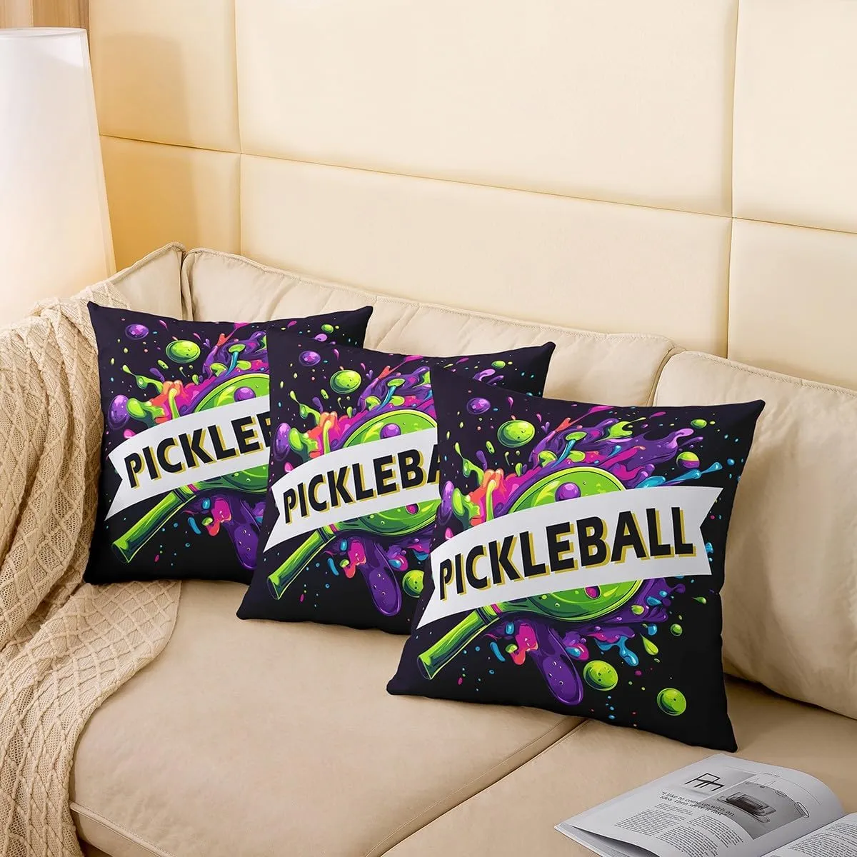 Pickleball 2 Pack Pillow Covers,Sporting Game Racket Hippie Graffiti Soft Square Cushion Case,American Tennis Sports Pickleball Lovers Black Throw Pillow Coverss Double Sides,20"x 20"