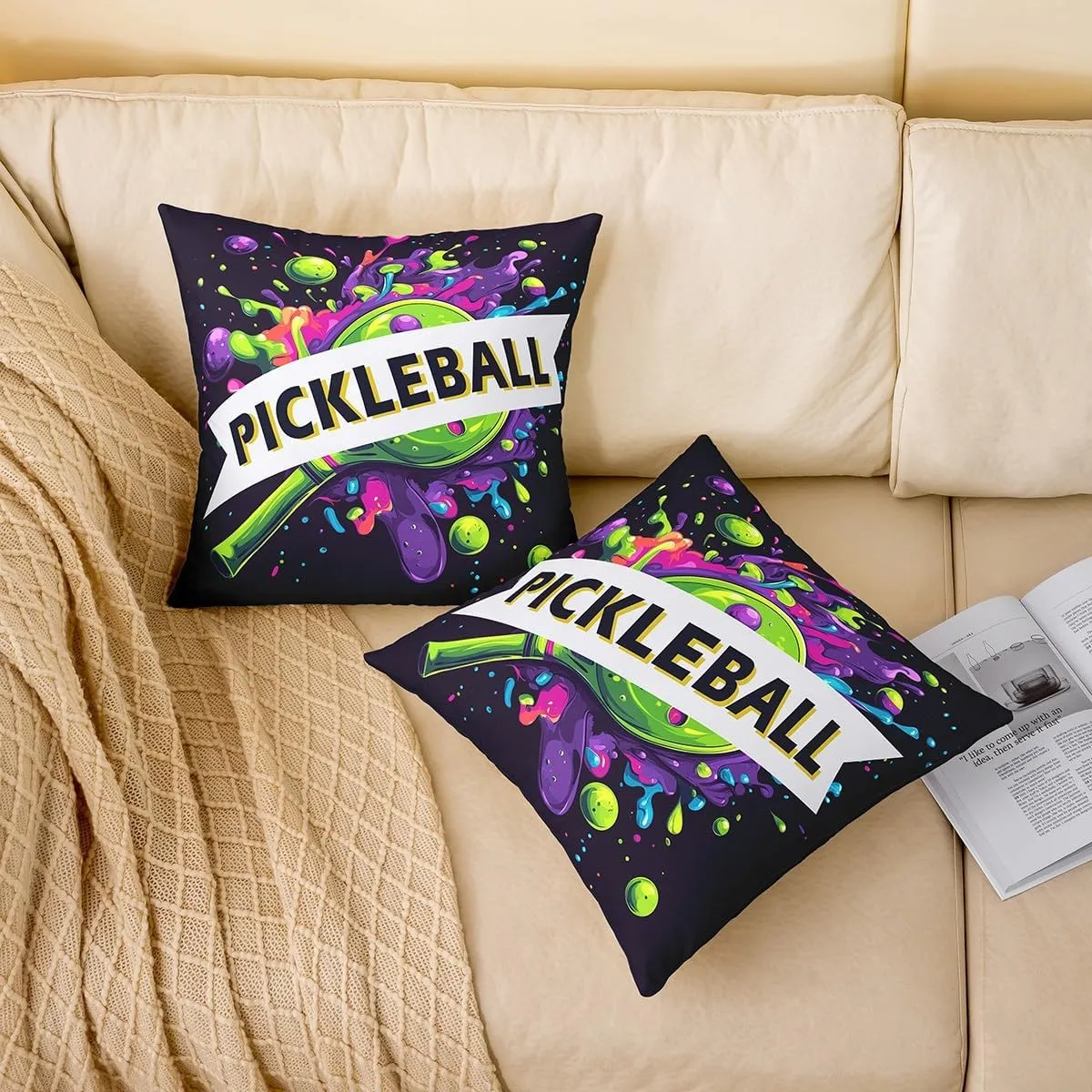 Pickleball 2 Pack Pillow Covers,Sporting Game Racket Hippie Graffiti Soft Square Cushion Case,American Tennis Sports Pickleball Lovers Black Throw Pillow Coverss Double Sides,20"x 20"