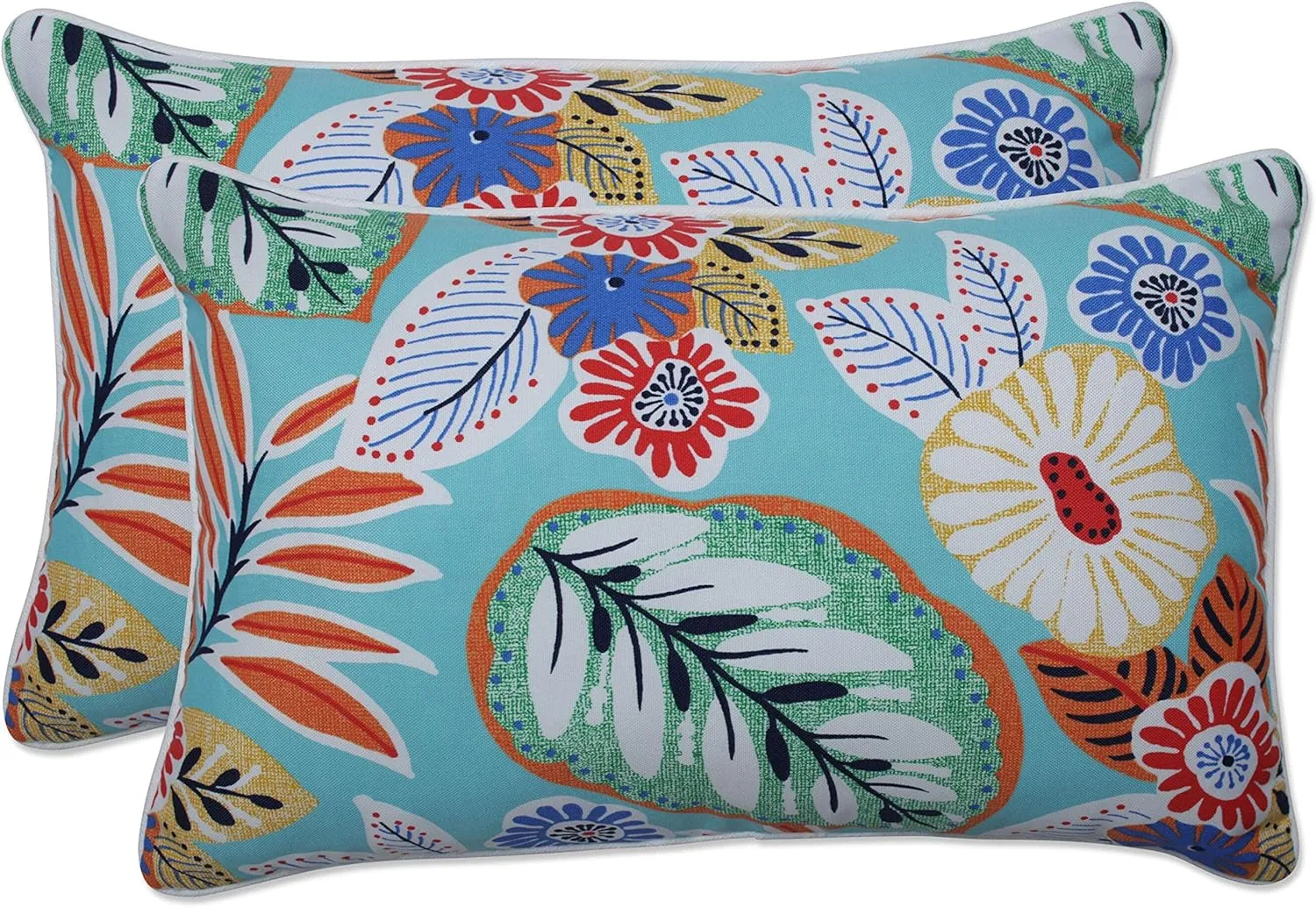 Pillow Perfect Bright Floral Indoor/Outdoor Accent Throw Pillow Plush Fill, Weather, and Fade Resistant, Lumbar - 11.5" x 18.5", Blue/Orange Marlow 2 Count