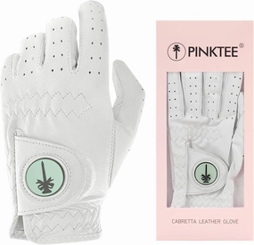 PINKTEE Women's Golf Glove Left Hand Ladies Pink Cabretta Leather Golf Gloves with Removable Magnetic Ball Marker Full Finger