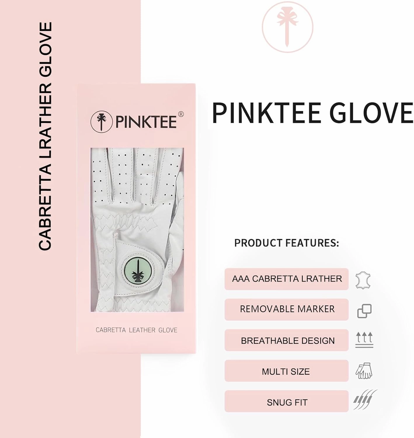 PINKTEE Women's Golf Glove Left Hand Ladies Pink Cabretta Leather Golf Gloves with Removable Magnetic Ball Marker Full Finger
