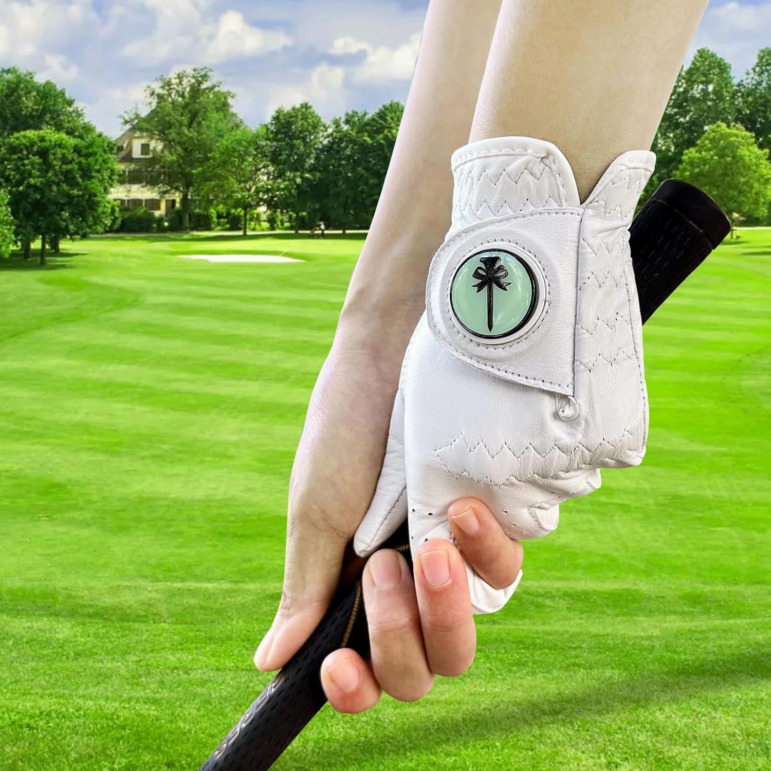 PINKTEE Women's Golf Glove Left Hand Ladies Pink Cabretta Leather Golf Gloves with Removable Magnetic Ball Marker Full Finger