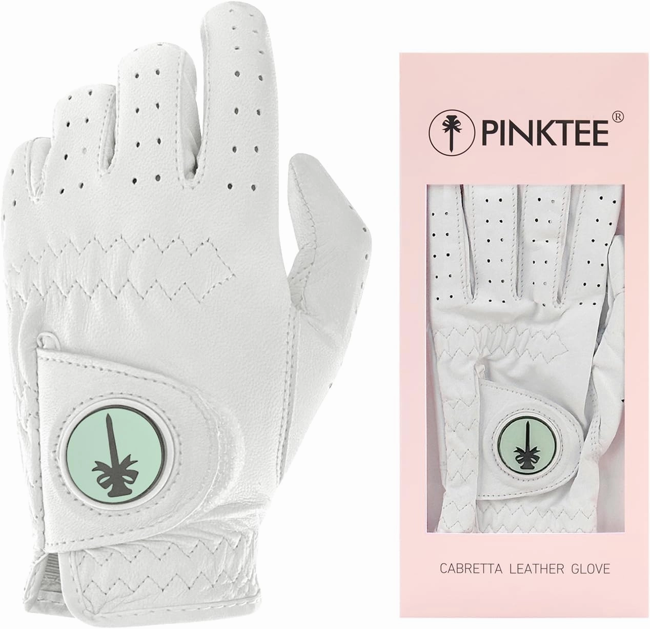 PINKTEE Women's Golf Glove Left Hand Ladies Pink Cabretta Leather Golf Gloves with Removable Magnetic Ball Marker Full Finger