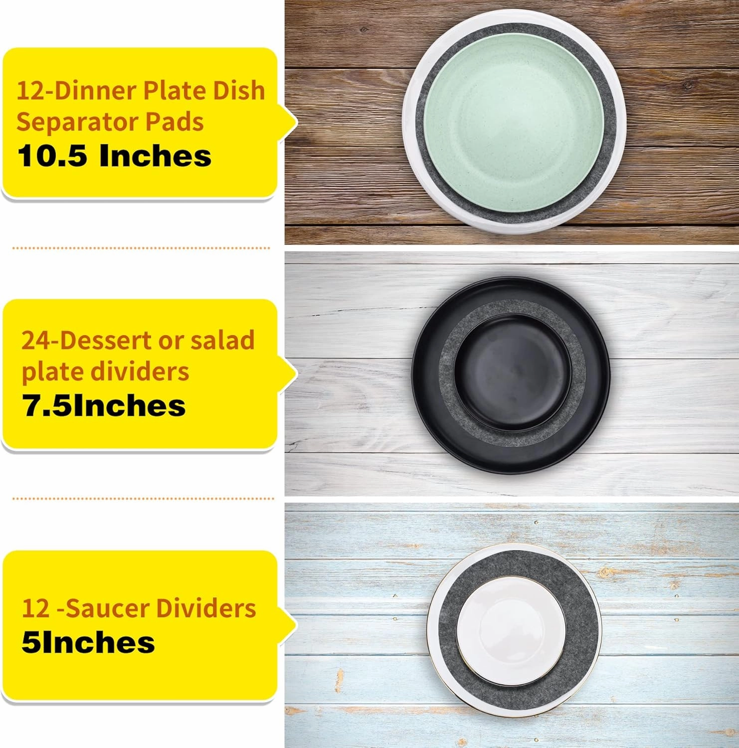 Plate Separators Storage, Set Of 60 And 3 Different Size, Thick and Premium Soft Felt Plate Dividers For China, Dish, Coffee Saucers Protecting and Stacking - Grey