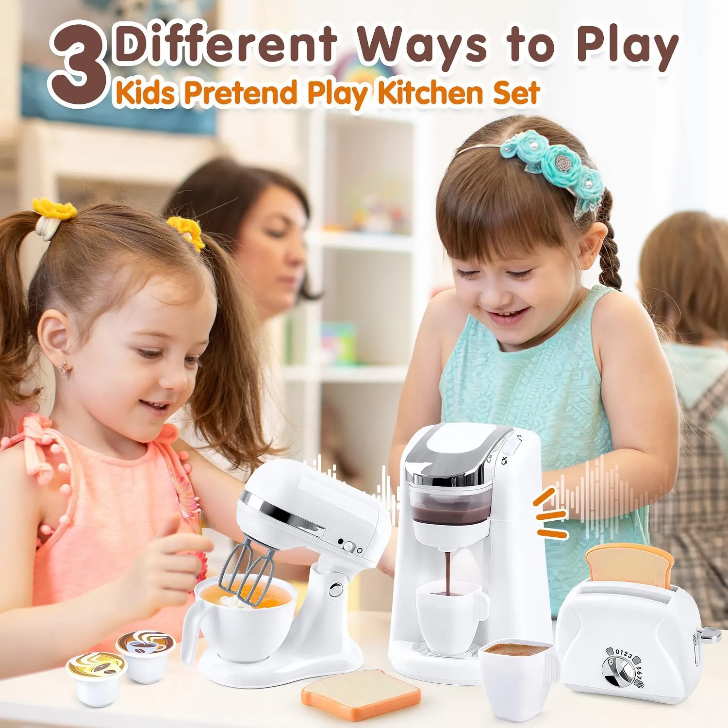 Play Kitchen Appliances Toys, Kids Kitchen Playset Accessories, Pretend Play Toy Sets with Coffee Maker, Mixer, Toaster with Realistic Lights & Sounds, Gifts for Boys Girls Toddlers Ages 3 , White