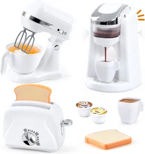 Play Kitchen Appliances Toys, Kids Kitchen Playset Accessories, Pretend Play Toy Sets with Coffee Maker, Mixer, Toaster with Realistic Lights & Sounds, Gifts for Boys Girls Toddlers Ages 3 , White