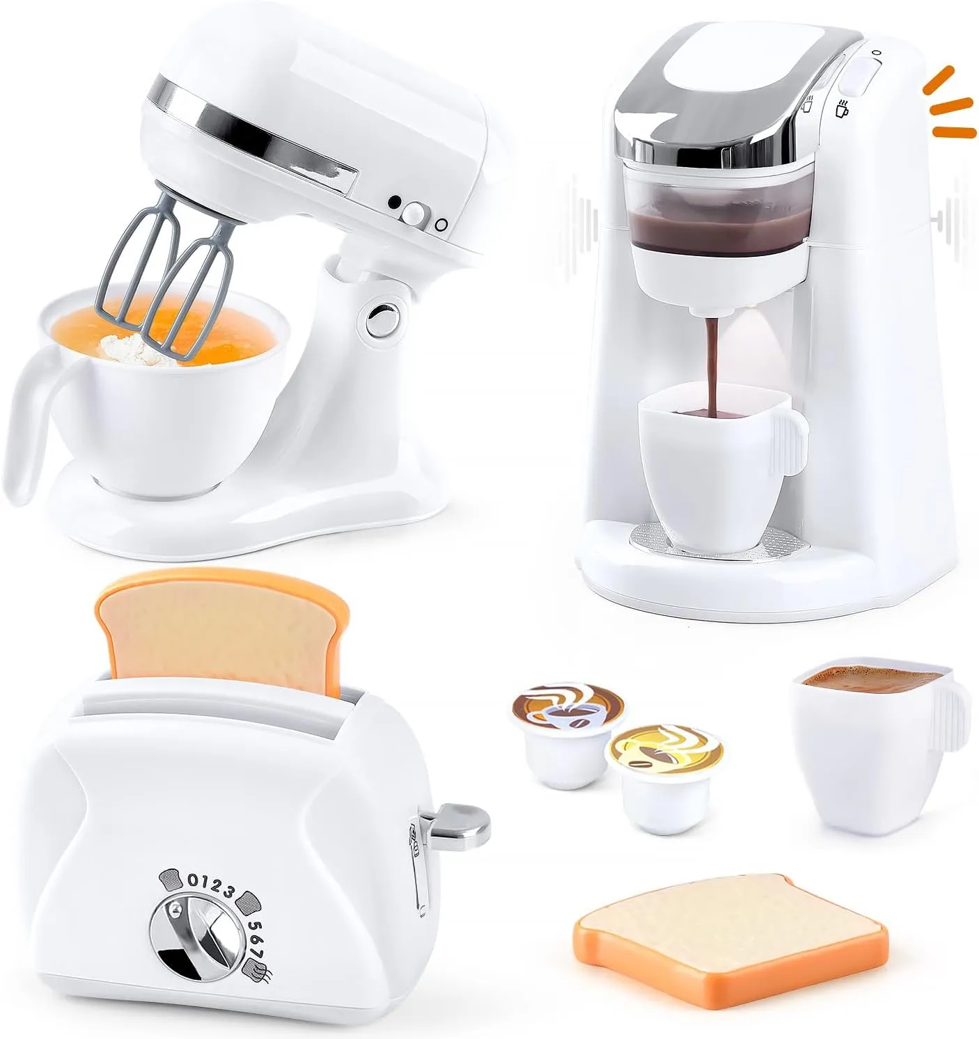 Play Kitchen Appliances Toys, Kids Kitchen Playset Accessories, Pretend Play Toy Sets with Coffee Maker, Mixer, Toaster with Realistic Lights & Sounds, Gifts for Boys Girls Toddlers Ages 3 , White